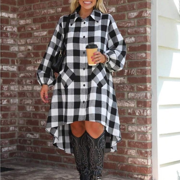 Classic Plus Size Plaid Check Pockets Button Down Up Midi Cotton Dress - Picture 5 of 5